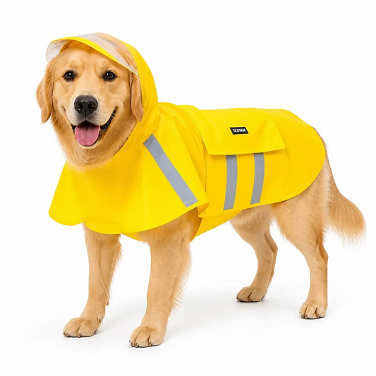 Yellow Reflective Hooded Dog Raincoat worn by a dog on a white background