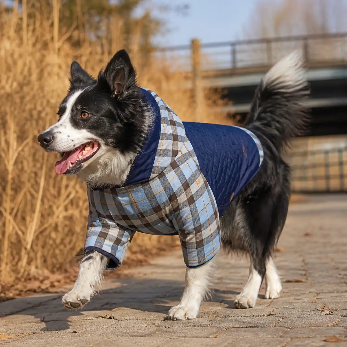 Blue reversible padded dog coat lifestyle view