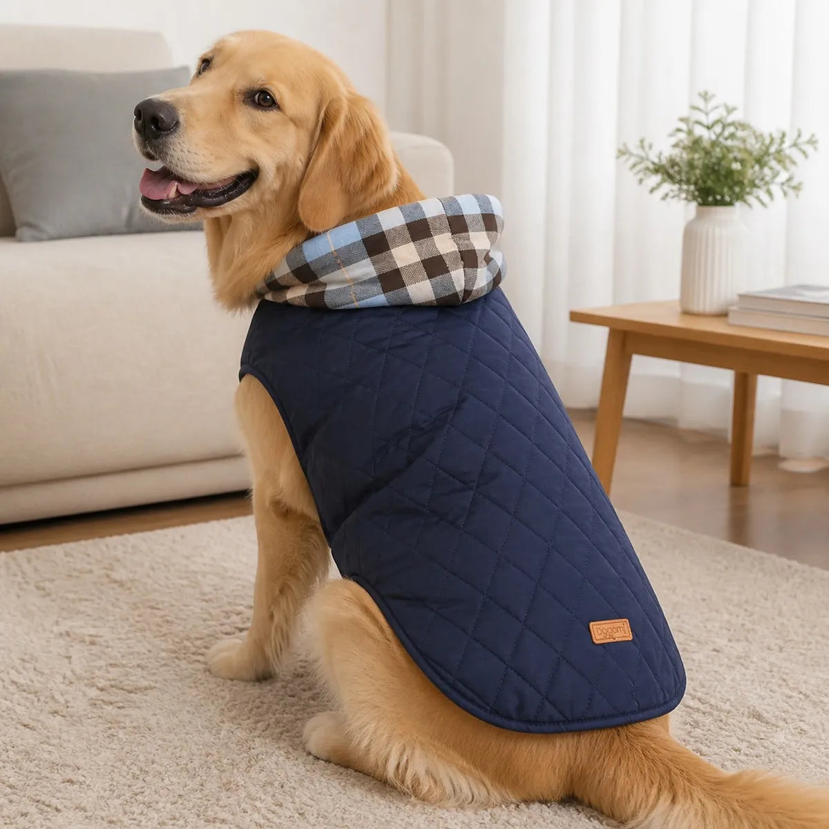 Blue reversible padded dog coat feature view