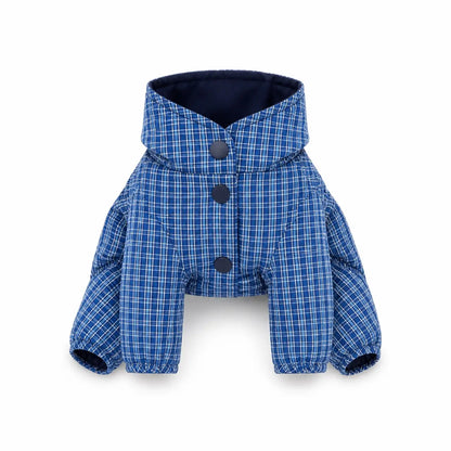 Blue Plaid Reversible reversible blue plaid dog coat shown alone on a white background