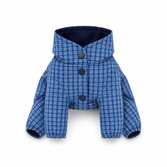 Blue Plaid Reversible reversible blue plaid dog coat shown alone on a white background