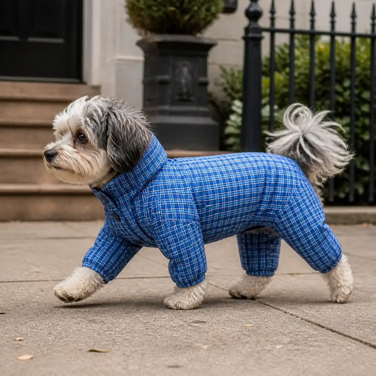 Blue Plaid Reversible reversible blue plaid dog coat lifestyle view