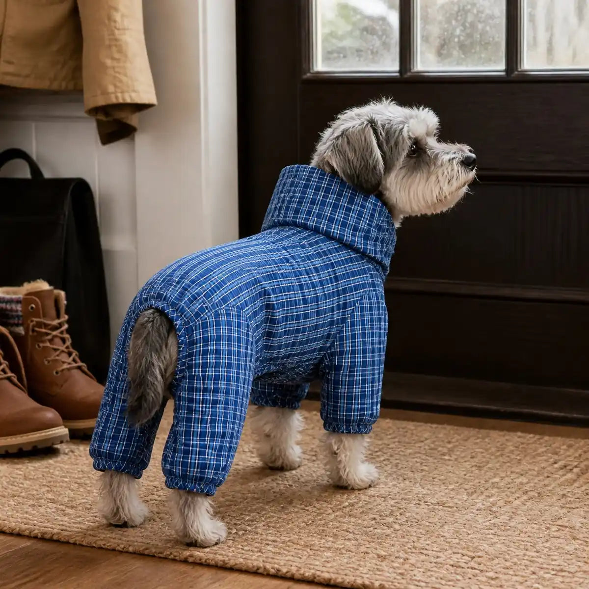 Blue Plaid Reversible reversible blue plaid dog coat feature view