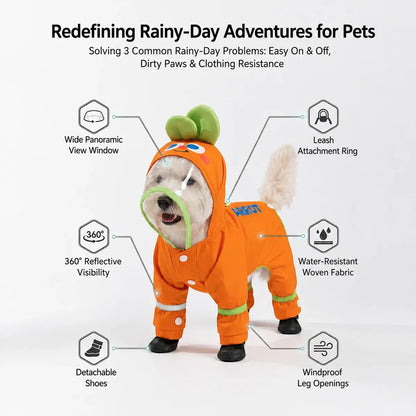 Small dog rainwear suit with hood, leash ring, reflective trim and covered legs