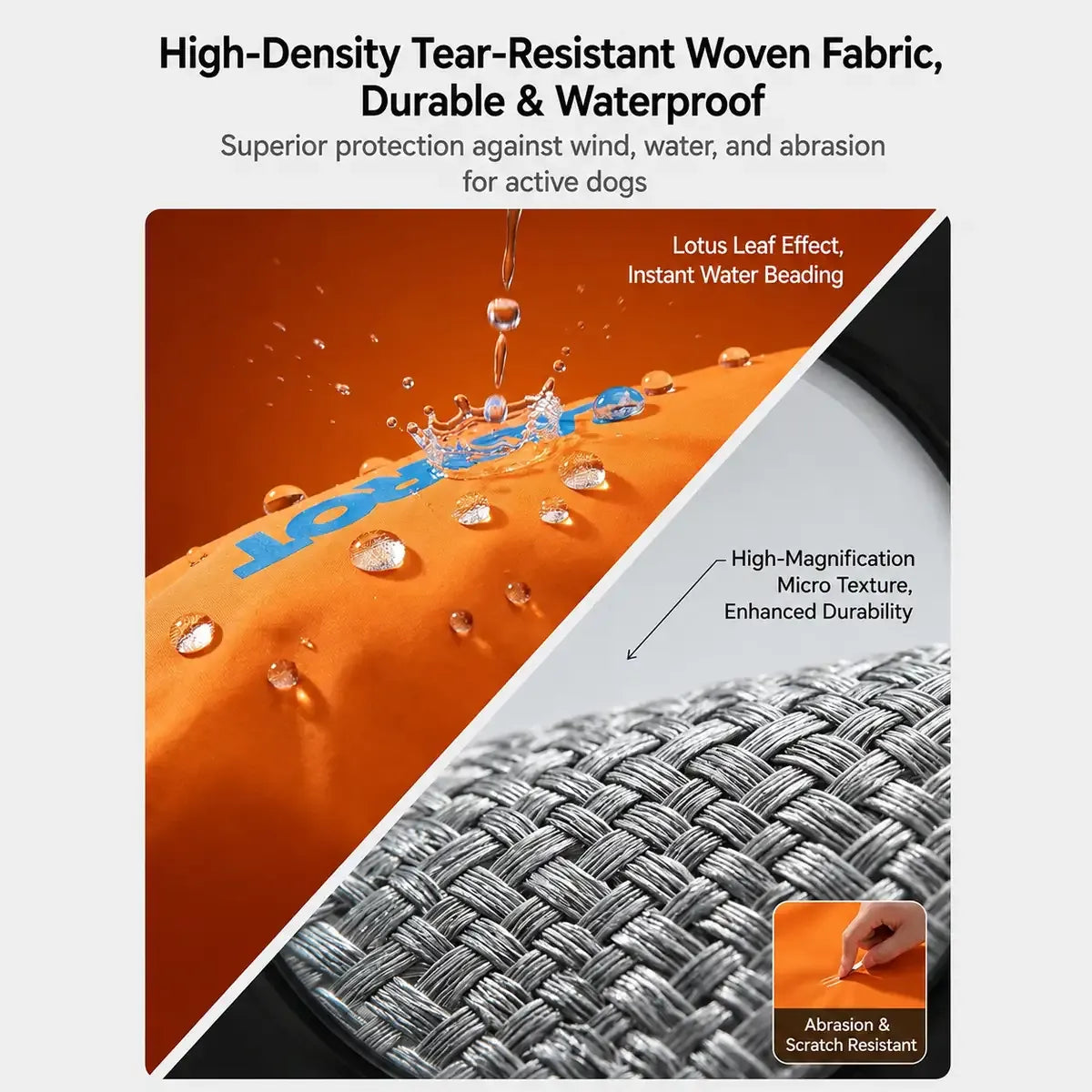 Close-up of orange woven dog rainwear fabric with visible water droplets