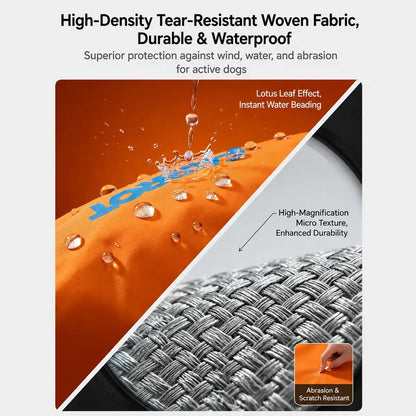 Close-up of orange woven dog rainwear fabric with visible water droplets