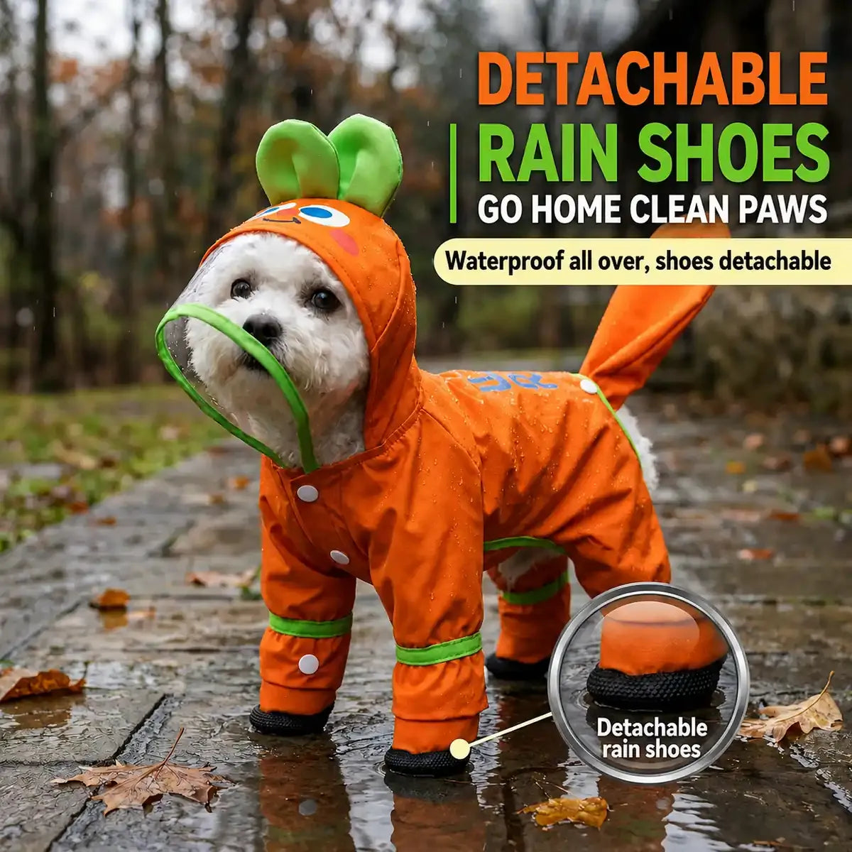 Small dog wearing an orange dinosaur rainwear suit on a rainy outdoor path
