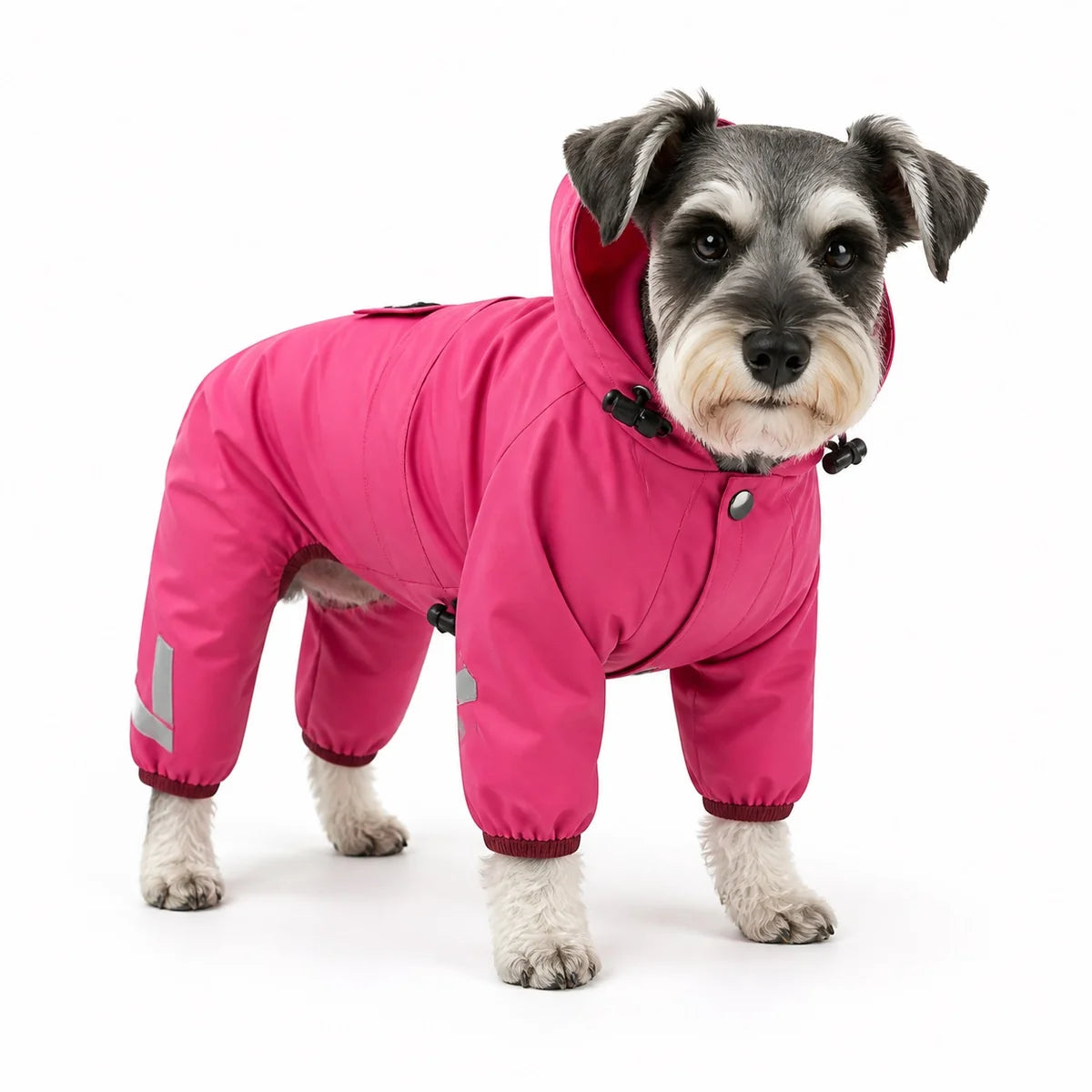 Pink standard hood small dog four-leg raincoat worn by a pet on a white background, image 1