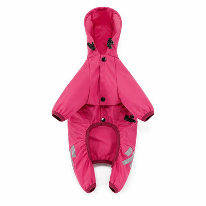 Pink standard hood small dog four-leg raincoat shown alone on a white background, image 2