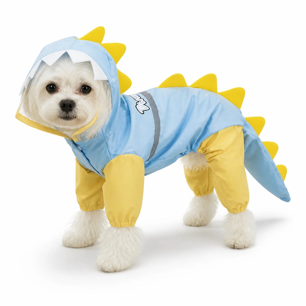 Blue dinosaur tail-cover suit small dog full-coverage rain suit worn by a pet on a white background, image 5
