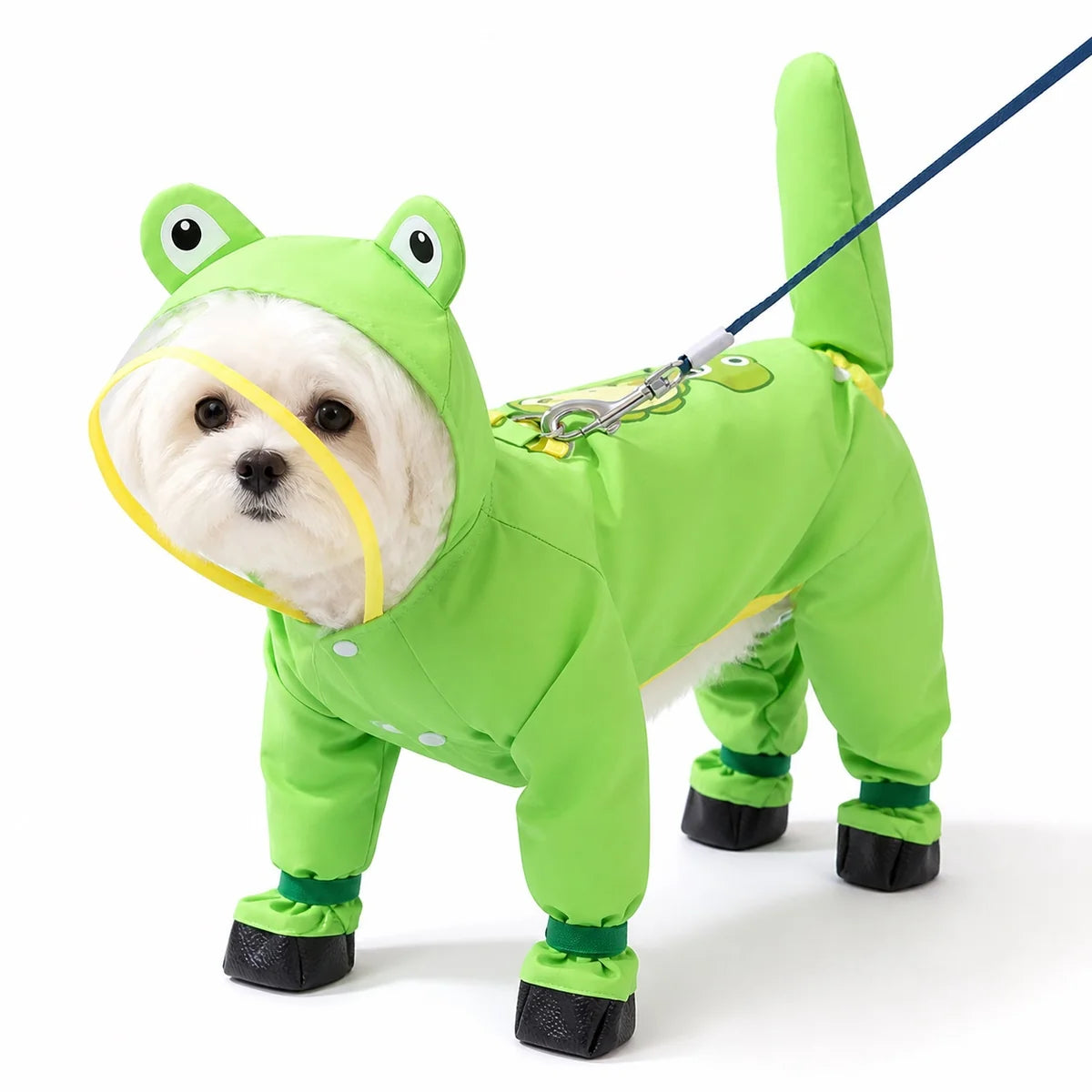 Blue frog footed suit small dog full-coverage rain suit worn by a pet on a white background, image 12