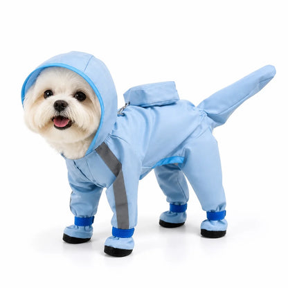 Blue cloud footed suit small dog full-coverage rain suit worn by a pet on a white background, image 15
