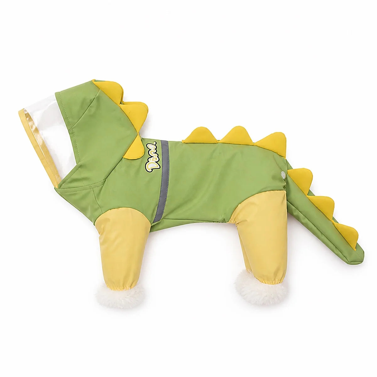 Green dinosaur tail-cover suit small dog full-coverage rain suit shown alone on a white background, image 2