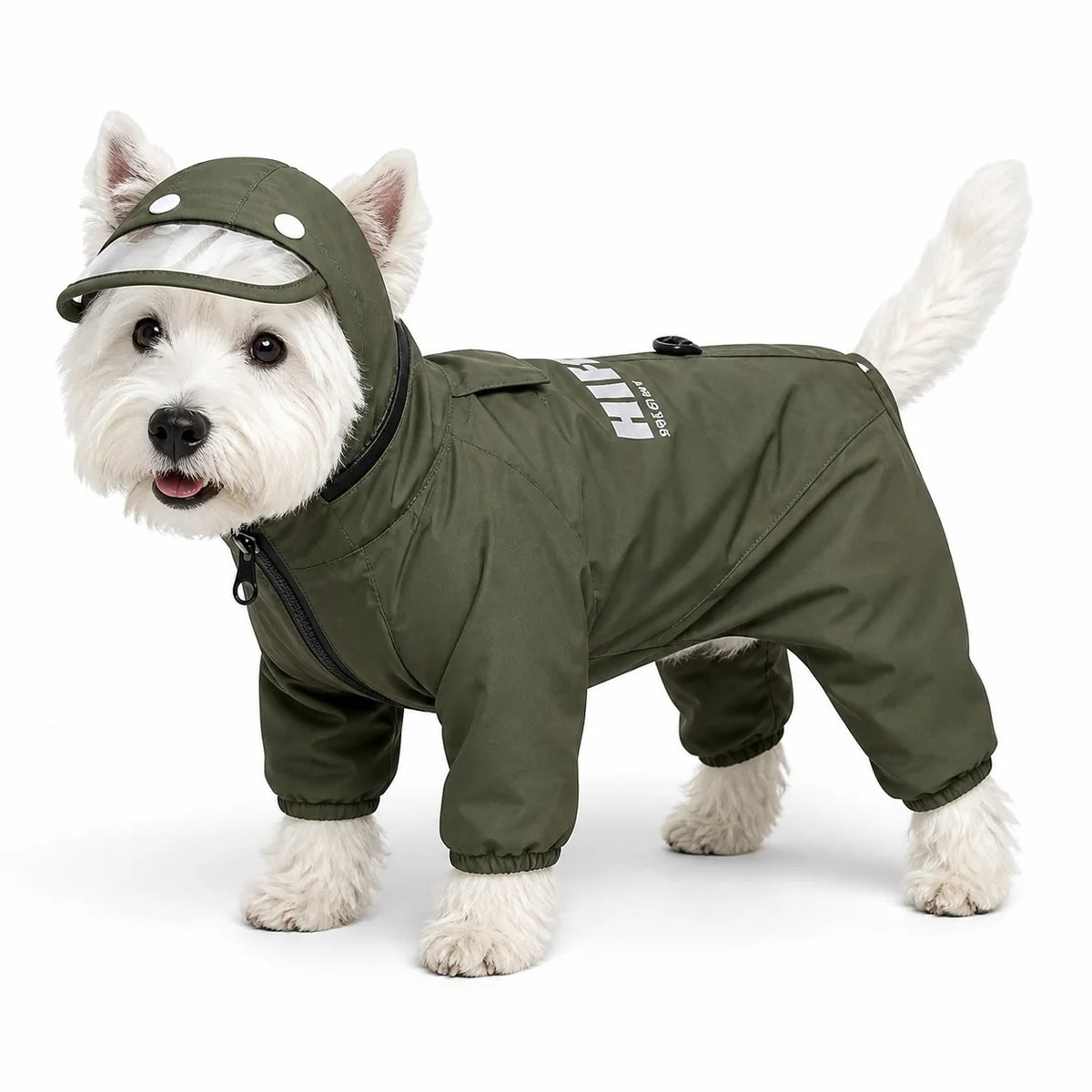 Green zipper tail-cover suit small dog full-coverage rain suit worn by a pet on a white background, image 7