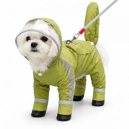Green booted tail-cover suit small dog full-coverage rain suit worn by a pet on a white background, image 10