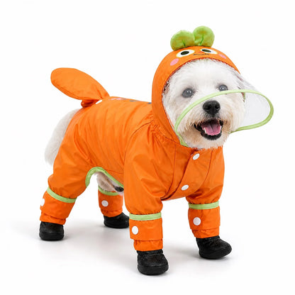 Orange carrot rain suit small dog full-coverage rain suit worn by a pet on a white background, image 3