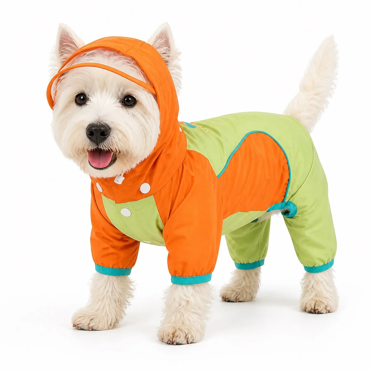 Orange green colorblock rain suit small dog full-coverage rain suit worn by a pet on a white background, image 9