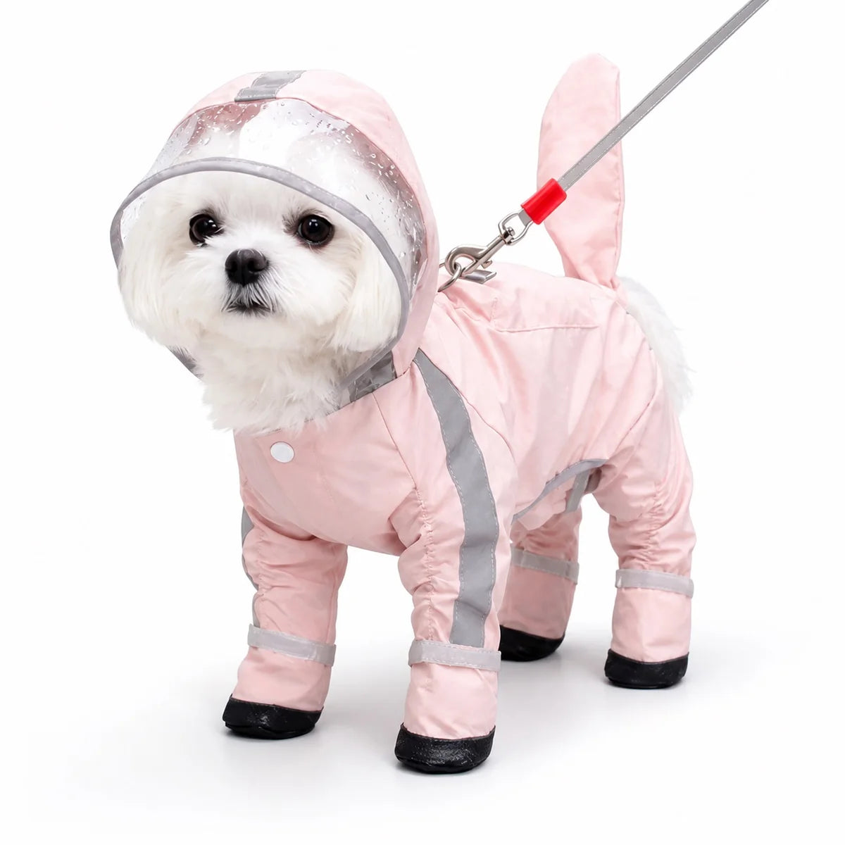 Pink booted tail-cover suit small dog full-coverage rain suit worn by a pet on a white background, image 11