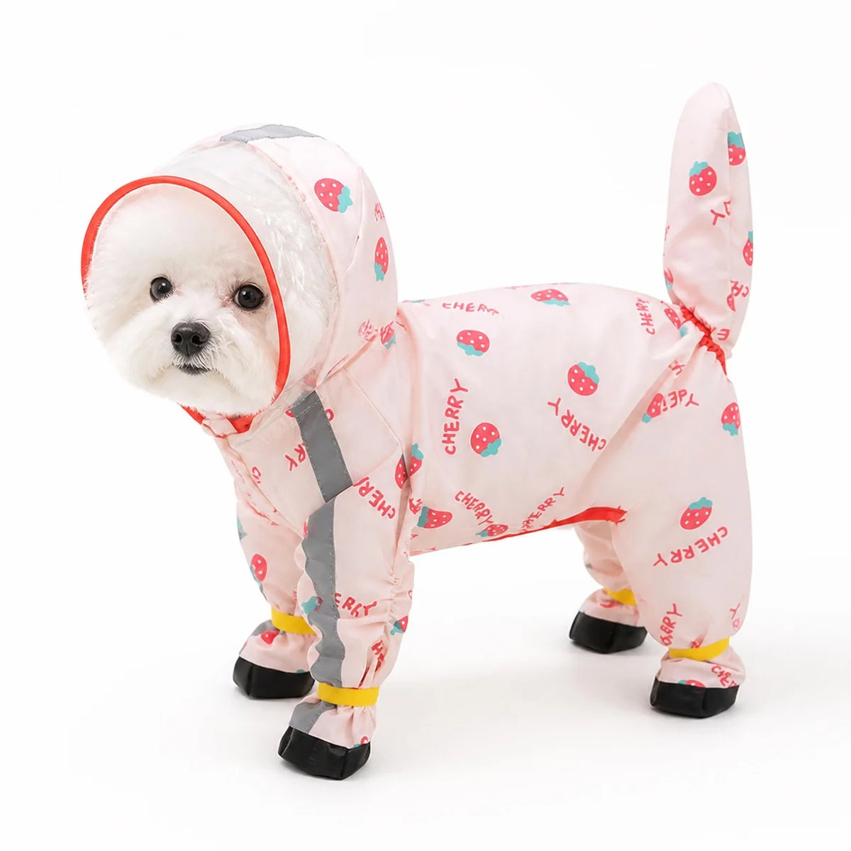 Pink strawberry footed suit small dog full-coverage rain suit worn by a pet on a white background, image 16