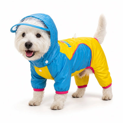 Yellow blue colorblock rain suit small dog full-coverage rain suit worn by a pet on a white background, image 8