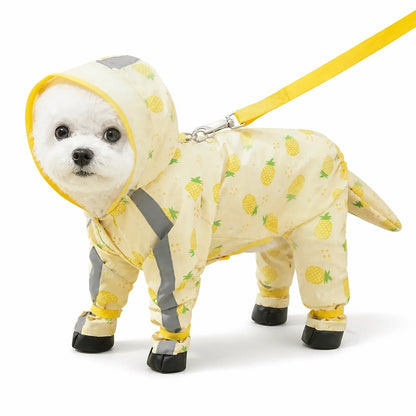 Yellow pineapple footed suit small dog full-coverage rain suit worn by a pet on a white background, image 17