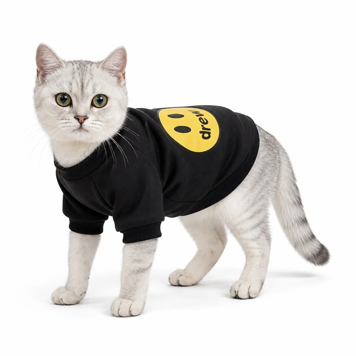 Black smile patch pet sweatshirt worn by a pet on a white background
