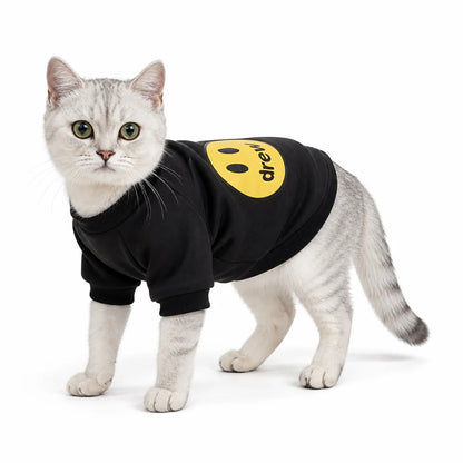 Black smile patch pet sweatshirt worn by a pet on a white background