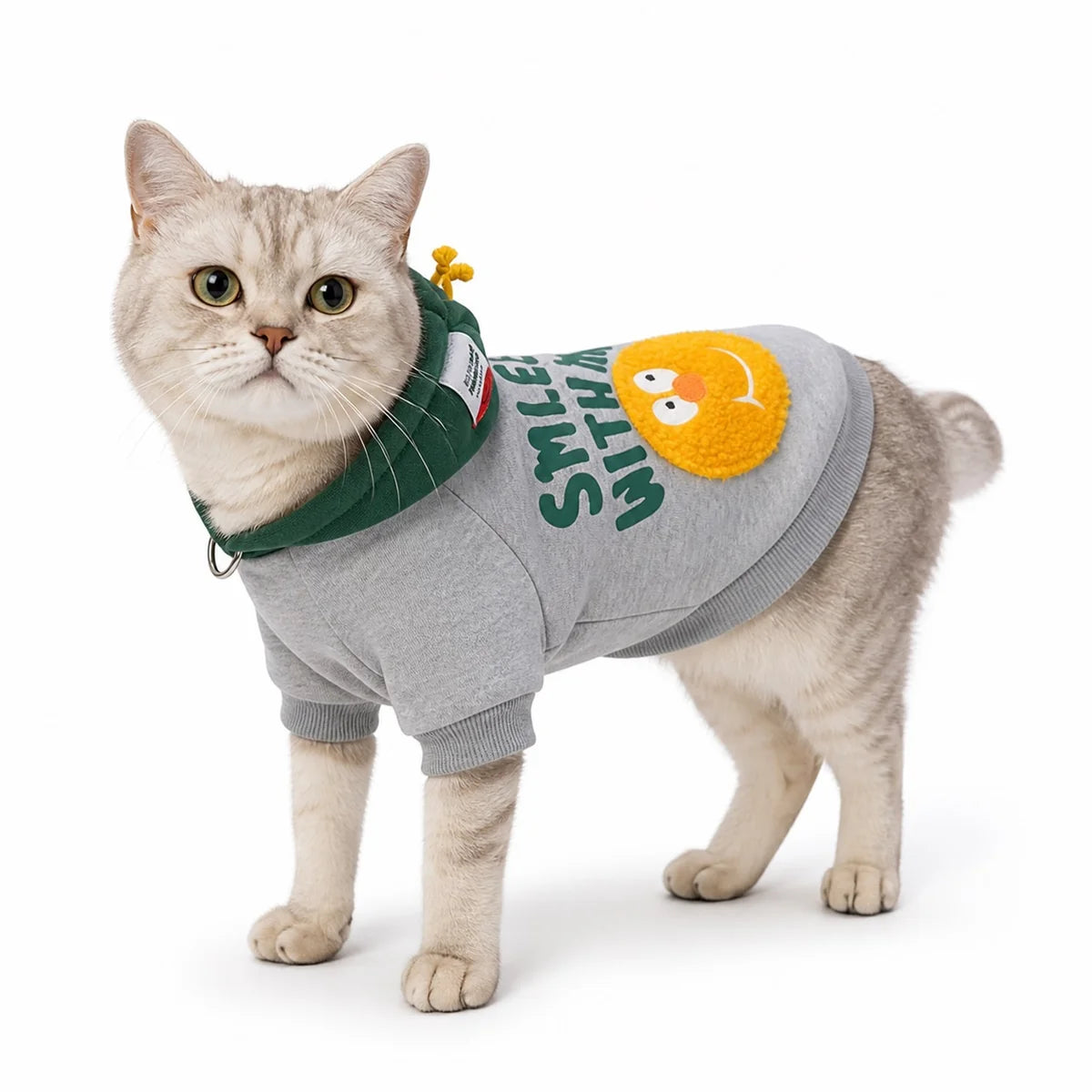 Gray smiley hooded cat sweatshirt worn by a pet on a white background