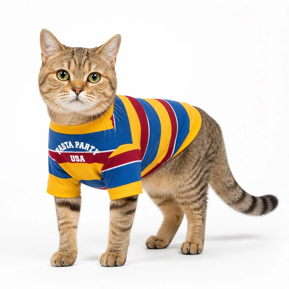 Blue striped dog sweatshirt worn by a pet on a white background, image 1