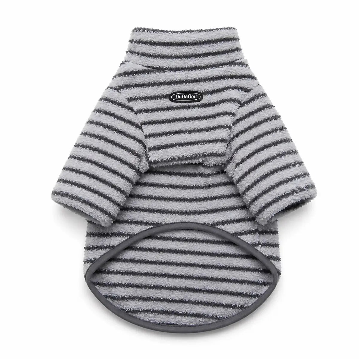 White striped fleece dog sweater shown alone on a white background