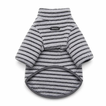 White striped fleece dog sweater shown alone on a white background