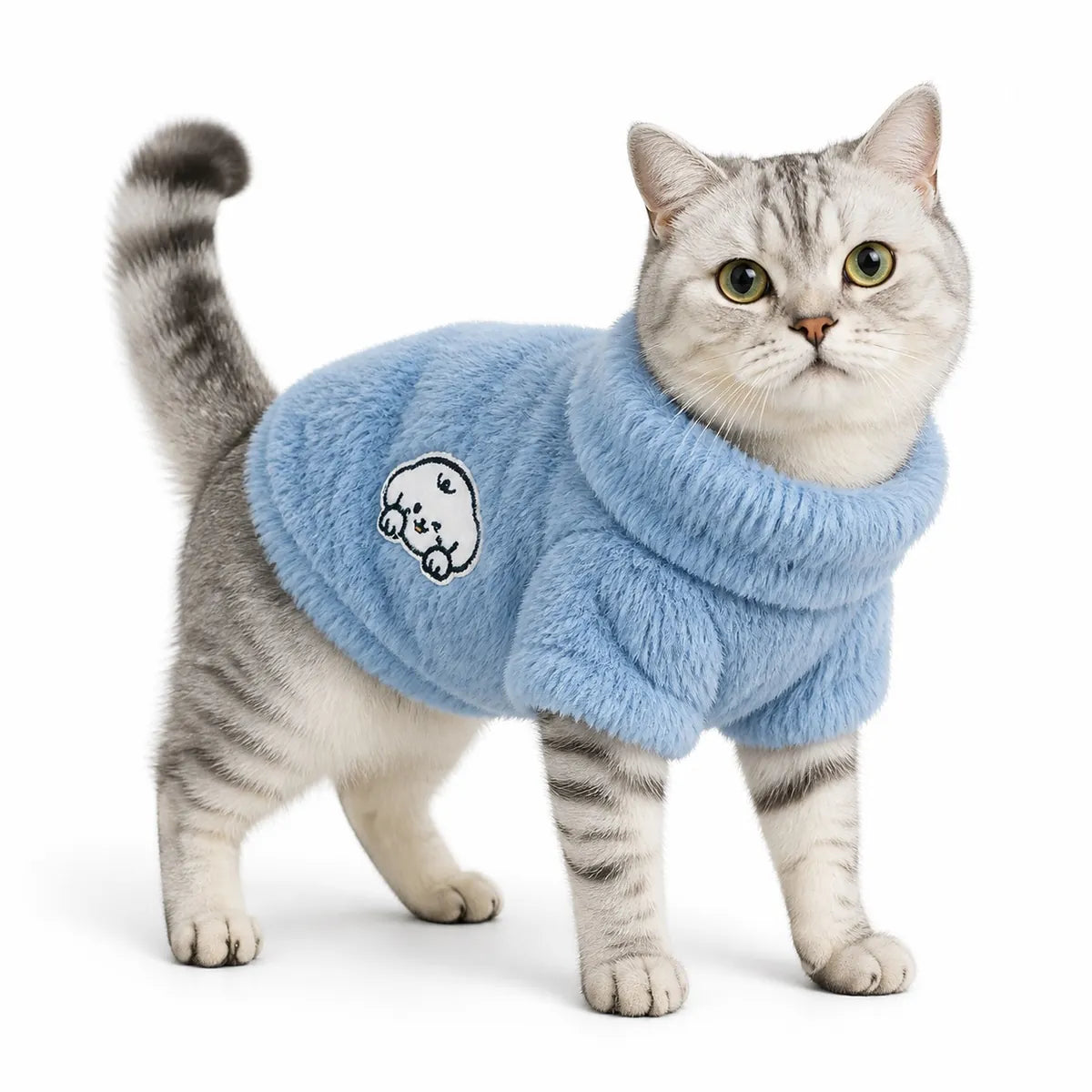 Blue three-color hooded cat sweatshirt worn by a pet on a white background, image 1