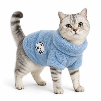 Blue three-color hooded cat sweatshirt worn by a pet on a white background, image 1