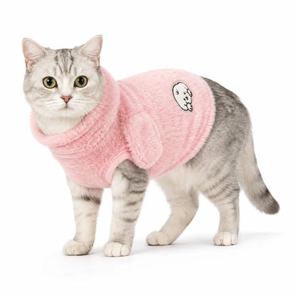 Pink three-color hooded cat sweatshirt worn by a pet on a white background, image 4