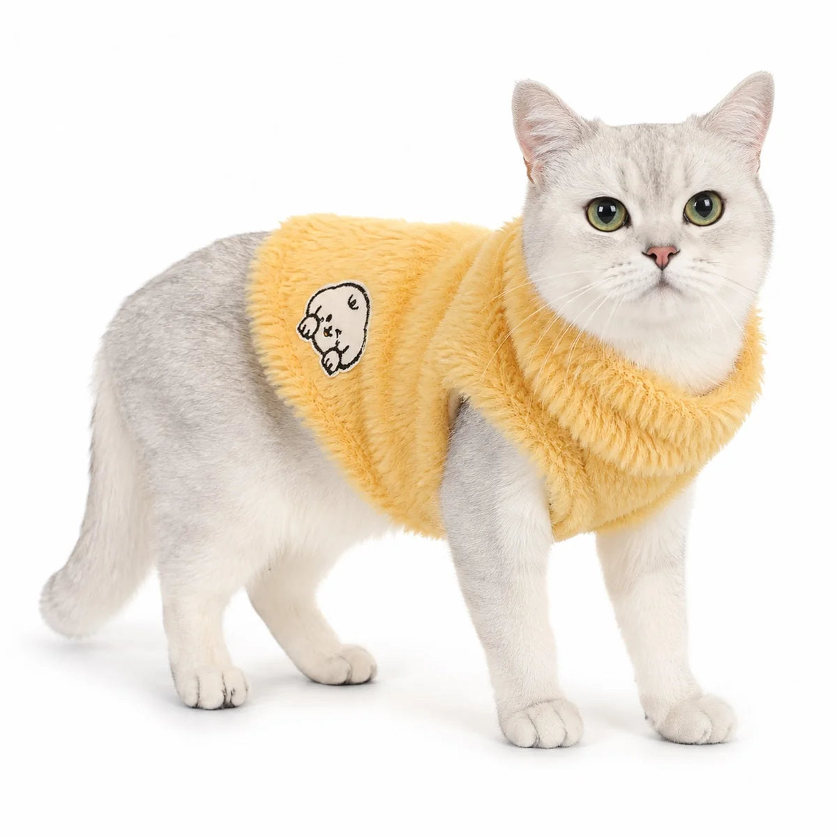 Yellow three-color hooded cat sweatshirt worn by a pet on a white background, image 3