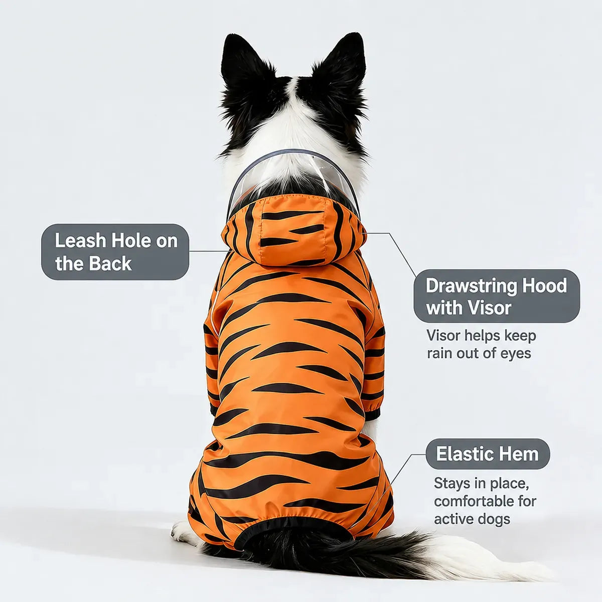 Dog wearing an orange tiger print full-coverage raincoat with hood and back opening