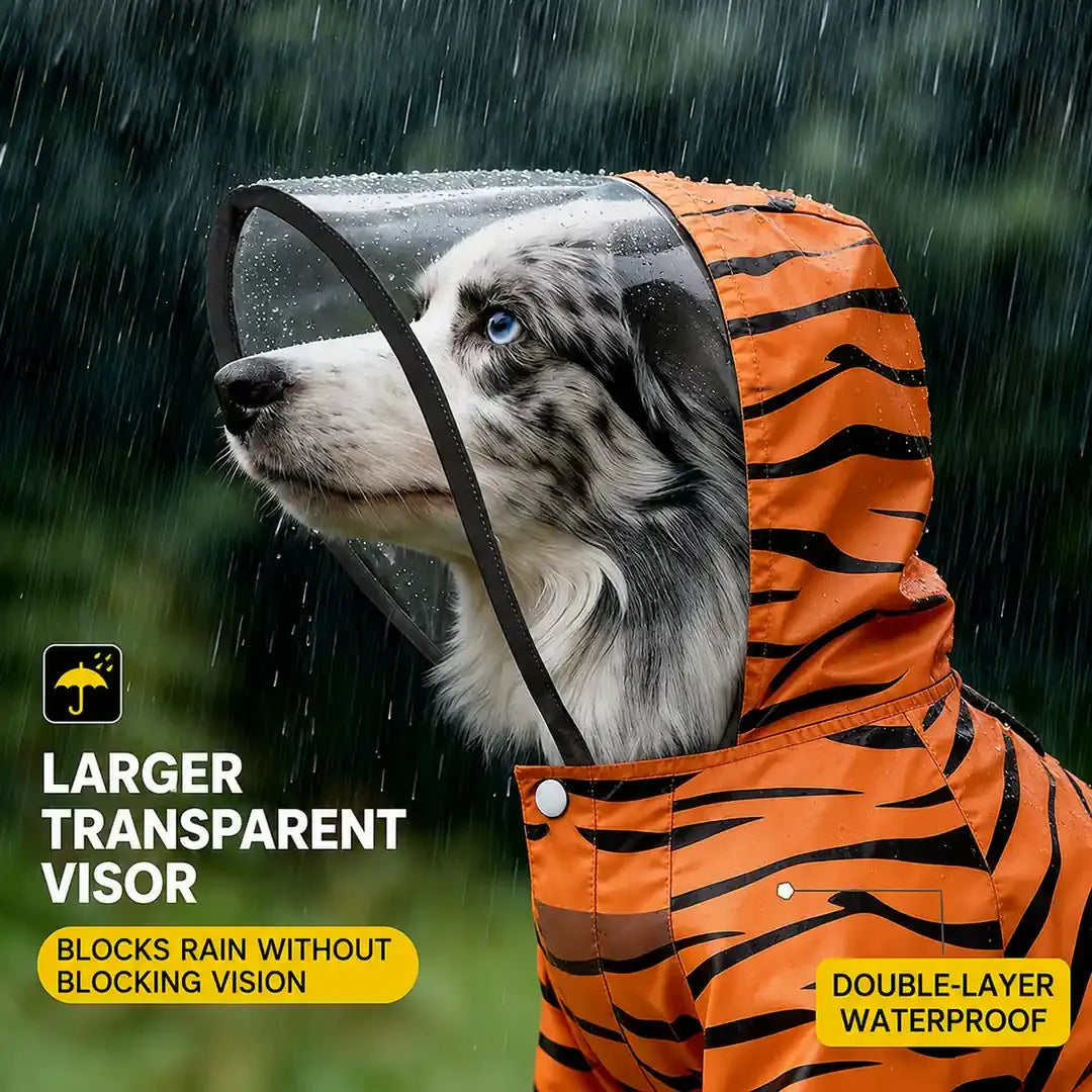 Dog wearing an orange tiger print hooded raincoat with clear visor in the rain