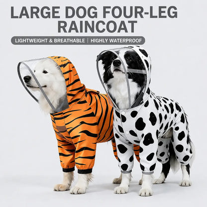 Two dogs wearing orange tiger print and black and white spotted full-coverage raincoats