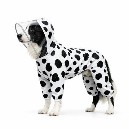 Black and white dog wearing a spotted full-coverage raincoat with clear hood visor