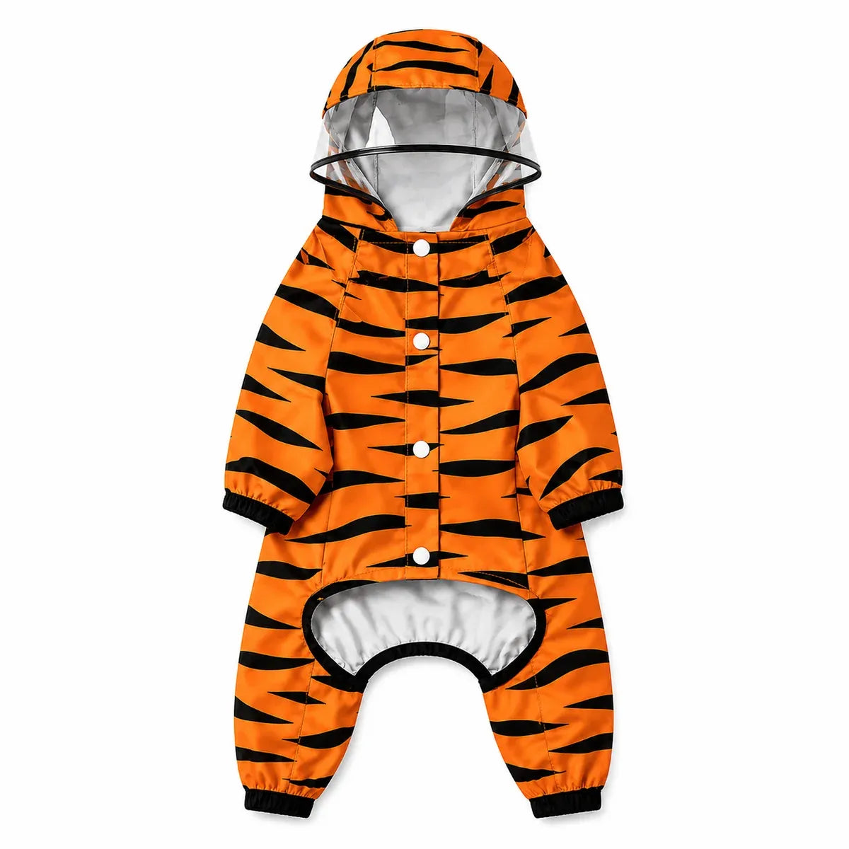 Front view of orange tiger print full-coverage dog raincoat with hood and snap closures on white background