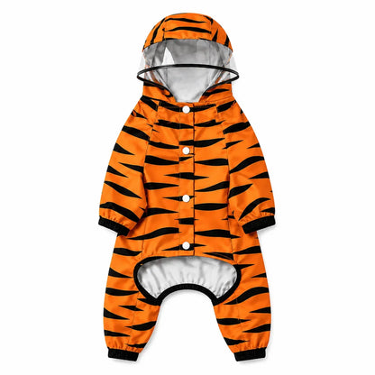 Front view of orange tiger print full-coverage dog raincoat with hood and snap closures on white background
