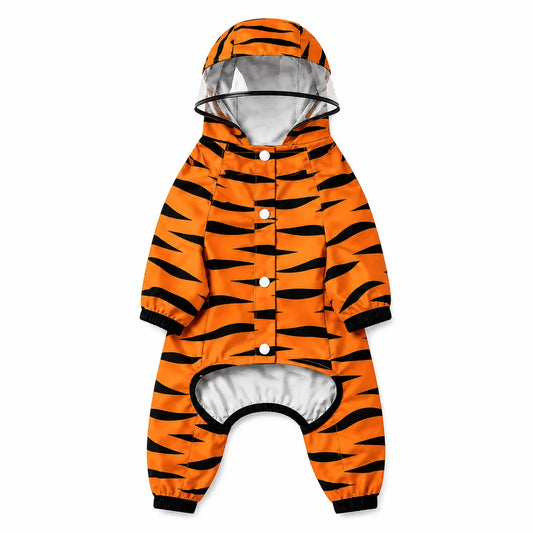 Front view of orange tiger print full-coverage dog raincoat with hood and snap closures on white background