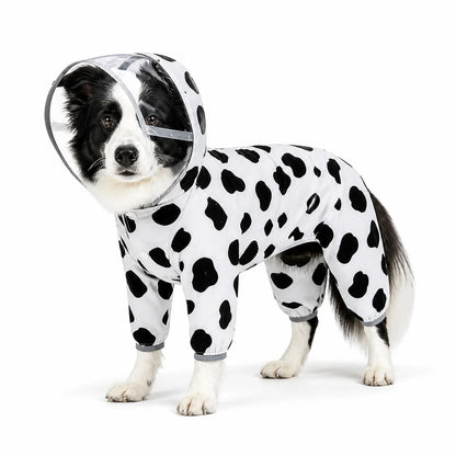 White tiger print full-coverage dog raincoat worn by a pet on a white background