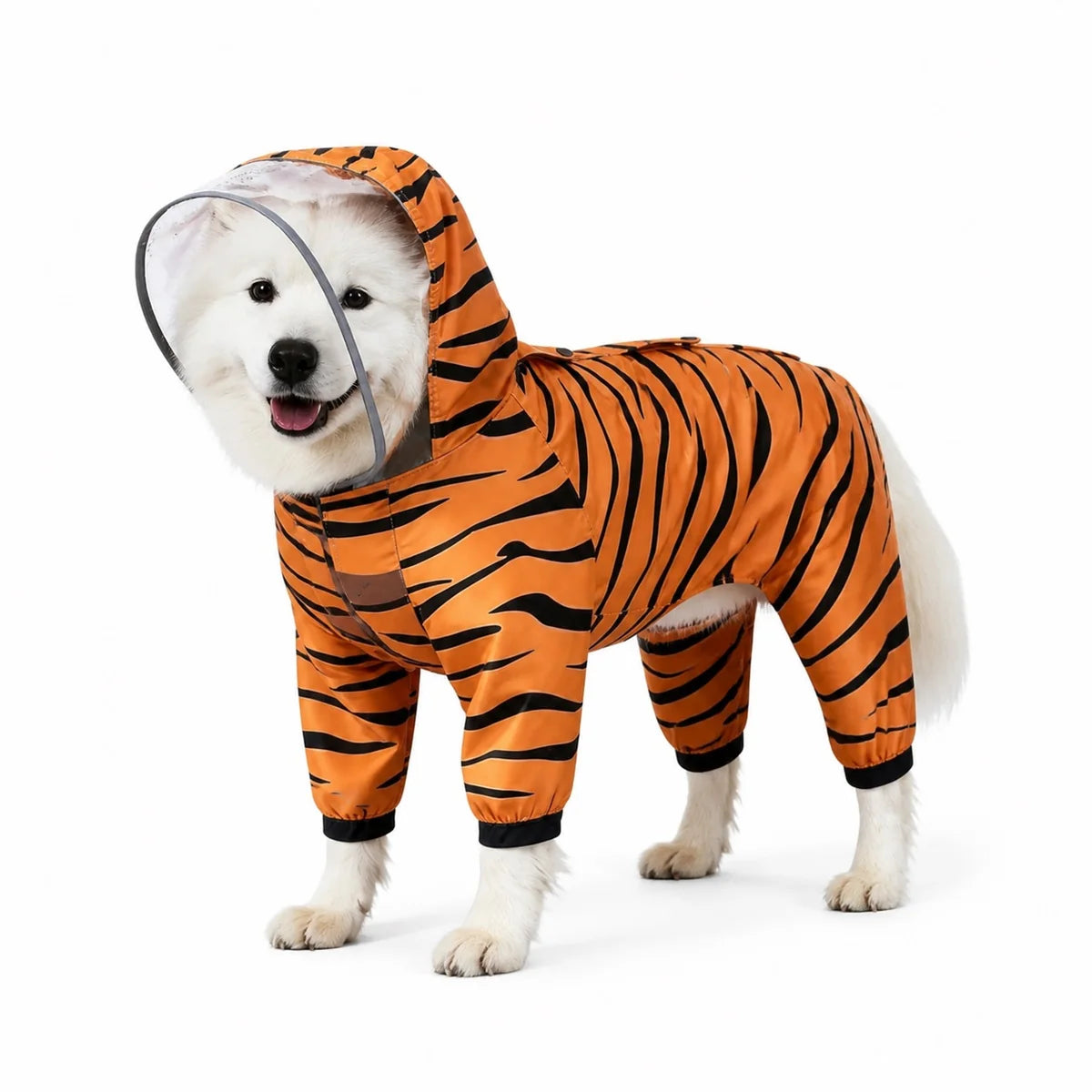 Yellow tiger print full-coverage dog raincoat worn by a pet on a white background