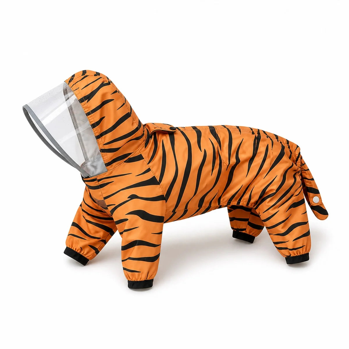 Yellow tiger print full-coverage dog raincoat shown alone on a white background
