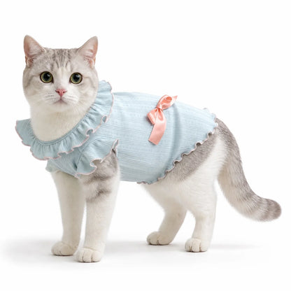 Blue two-color cat vest worn by a pet on a white background, image 3