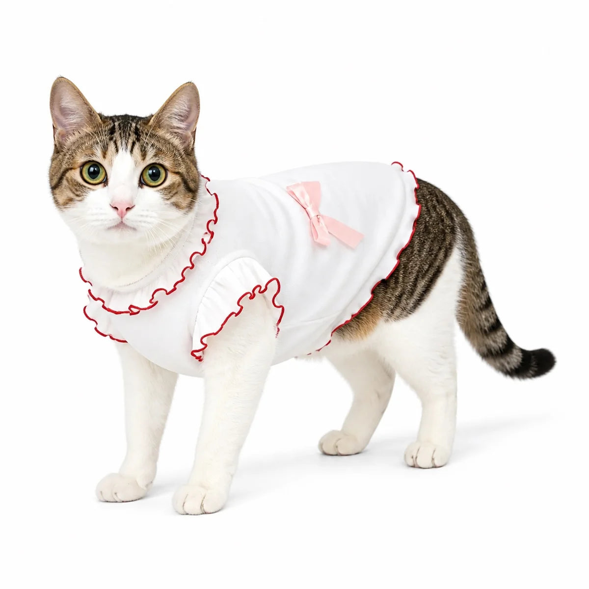 White two-color cat vest worn by a pet on a white background, image 1