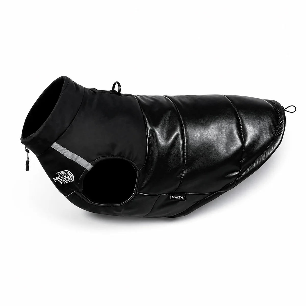 Black warm dog vest shown alone on a white background