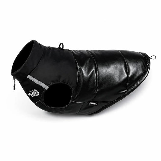 Black warm dog vest shown alone on a white background