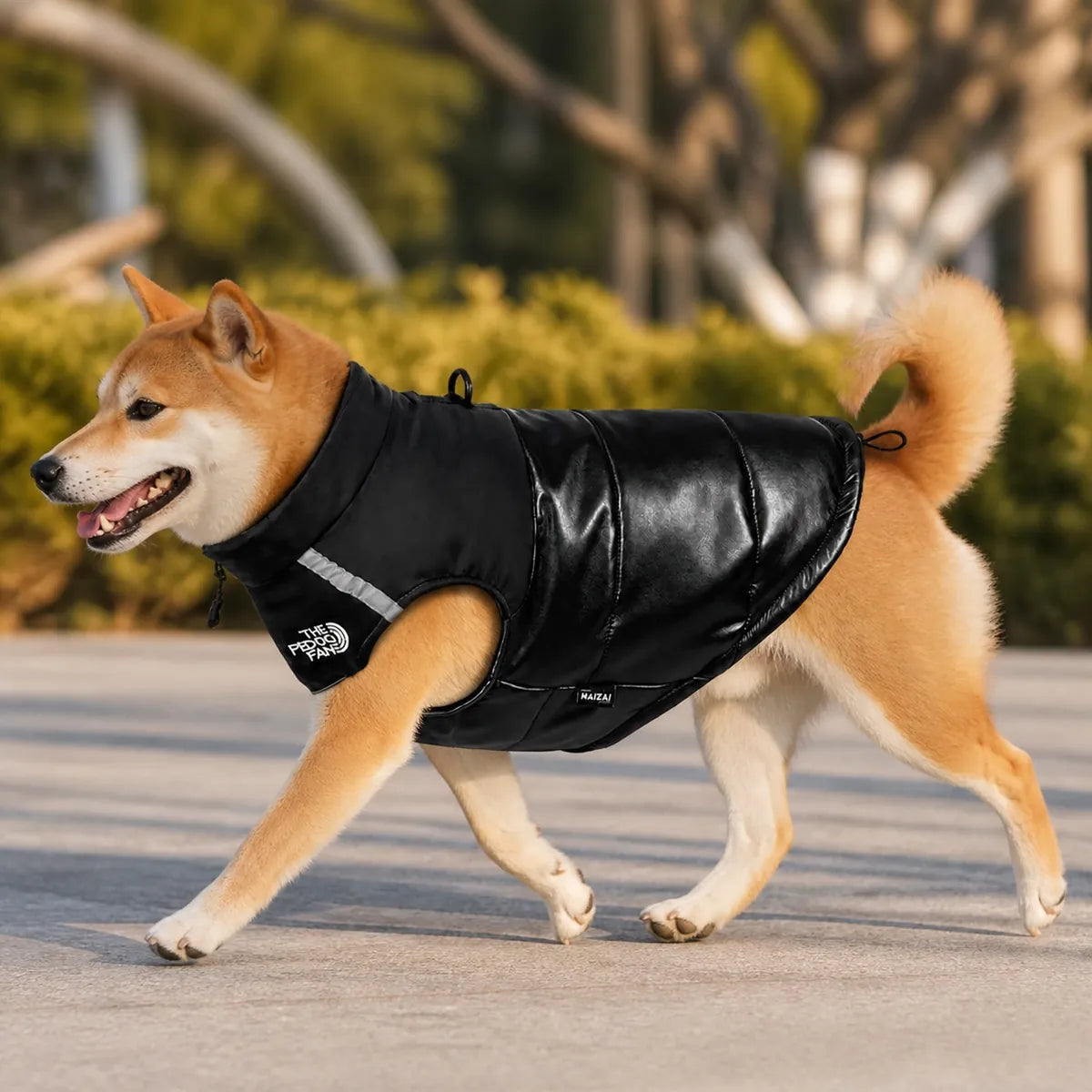 Black warm dog vest lifestyle view
